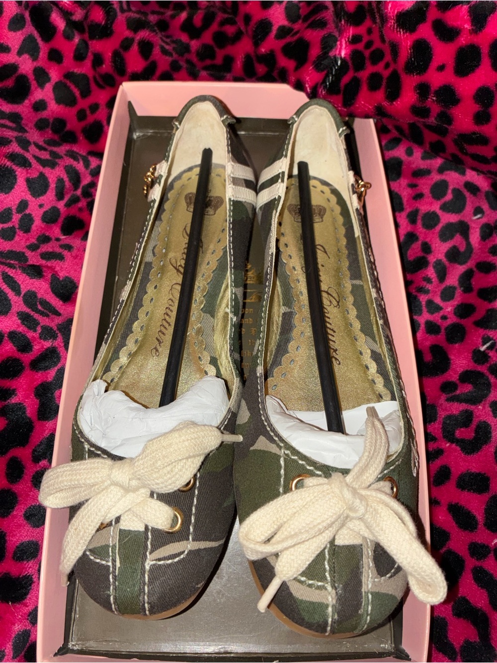 Juicy Couture Green Camo Ballet Flats with Cream Bow